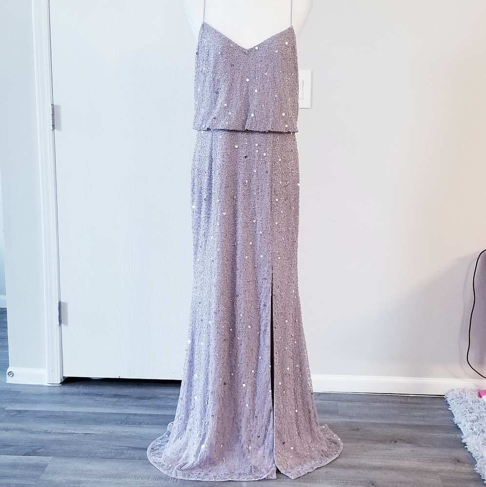 Adrianna Papell Lilac Gray Sequin Beaded long Dress - Picture 4 of 14